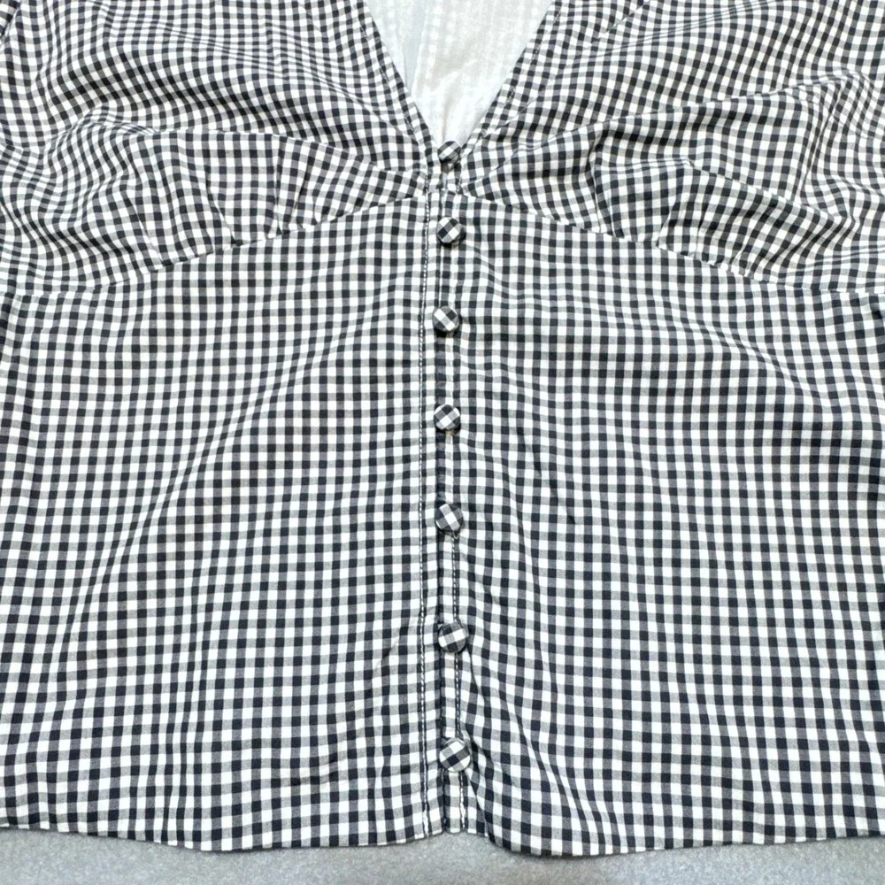 ABERCROMBIE & FITCH Gingham Puff Sleeve V-Neck Top Womens L Black White